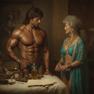 Realism photo painting, a muscular Russian man in his beach hote...