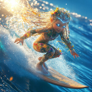 adorable happy female elf fairy water trolls riding a wave on a...