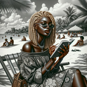 Grisaille glossy art: Tropical landscape,  She’s relaxing on the...