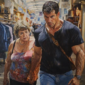 Photorealism painting.A muscular, sweaty man walking with his 43...