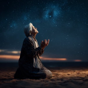 Create an image of an elderly woman kneeling under a starlit sky...