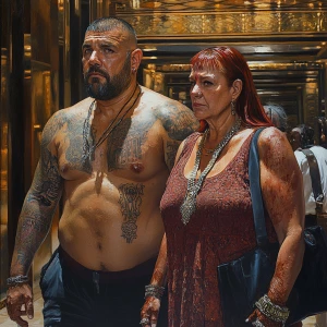 Realism art,A muscular man with tattoos and visible sweat, accom...