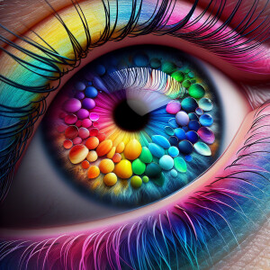 multicolored eyes, prominently featuring shades of blue, pink, a...
