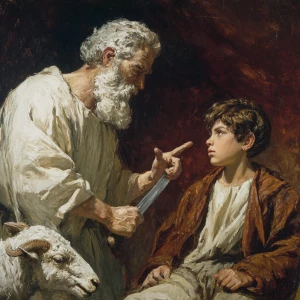 Abraham with a knife raised to a dark haired boy with a ram besi...