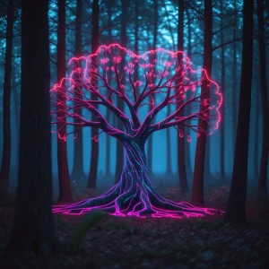 In the heart of a digital forest, a binary tree entity stands ta...
