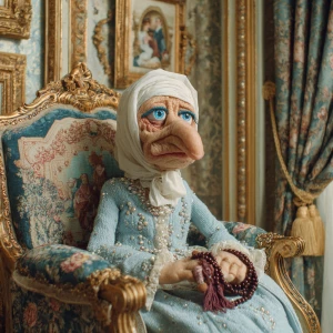 image shows a doll-like elderly woman figure with highly stylise...