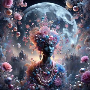 "Create an image of a majestic light skin Hawaiian woman whose f...