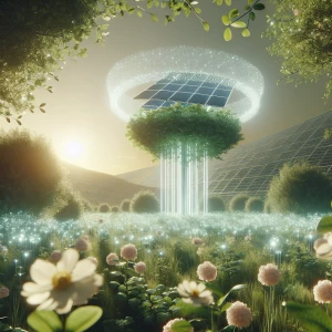 A single solar tower surrounded by flowering plants, with soft, glowing lights integrated into the structure