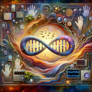 circuitry, diagrams Cellular structures, DNA, circuit boards, colorful wires,  asian and Egyptian  graffiti, lie detector graphs, cardio, printout , branches infinity sign, cave, Art, handprints, distant birds flying, flowering vines, abstract gestural painting, dna