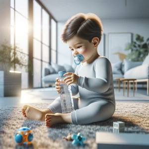 A hyper-realistic 1 to 2-year-old boy sitting on the floor of a...