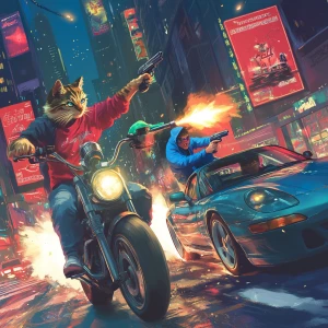 Create an image of a humanoid cat character on a motorcycle in a...
