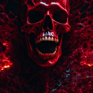 Create an image of a skeletal figure composed of liquid ruby, wi...