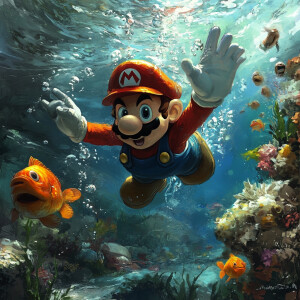 Super Mario bros buceando en el mar con peces