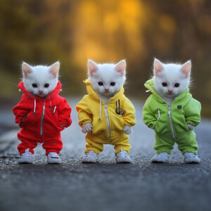 three white kittens with black eyes, one week old, wearing neon...