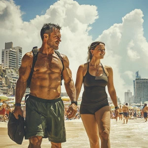 Create a photorealistic image of a muscular, perspiring man walk...