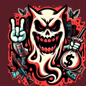 Create a bold horror themed cartoon smiley ghostface mascot logo...