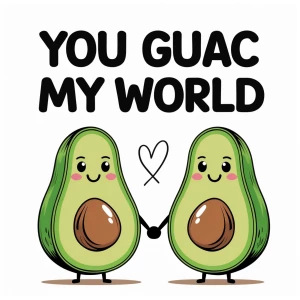 A cute cartoon avocado couple holding hands, with the text 'You...