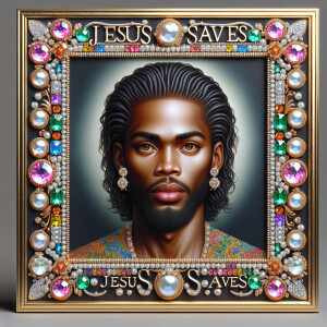 "Create a 3D realistic artwork featuring the phrase 'Jesus Saves...