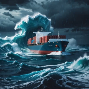 Surreal, dreamlike image: a massive cargo ship battling towering...