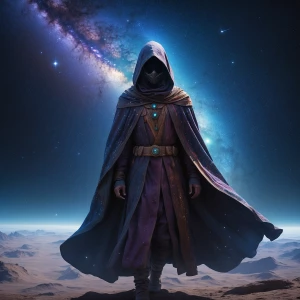 A mysterious cosmic wanderer, cloaked in shadows and mystery, dr...