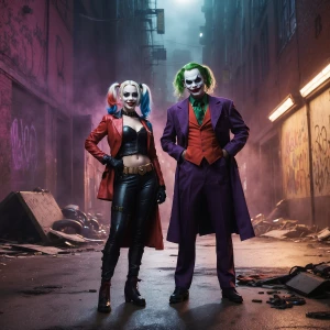 Create an image of Harley Quinn and the Joker standing together...