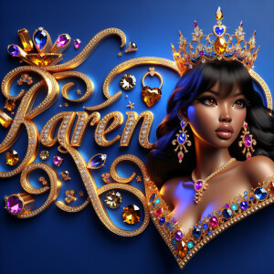 Craft a 3-D image showcasing the name 'KAREN' in a luxurious gol...