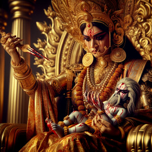 portrait of extremely angry looking goddess durga cosplayer sitting on a gold crown and carrying a weak mahishasur on her lap and poking him with her amazingly long red fingernails. She is wearing gold armor, a huge gold crown, gold saree, abundant  gold jewelry, covered in blood. The scene is set in ancient India. The image is 8K resolution, cinematic, photography, ultra detailed face and epic.