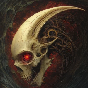 A biomechanical skull with a scythe-like horn curving forward, g...
