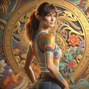 Athletic Thin skinny Attractive, Asian teenage girl, long brown hair and bangs, wearing tight skinny jeans and a halter top paint marks on her clothing, heroic pose Asian graffiti background, backside view