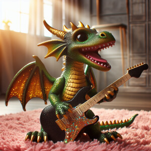 A baby dragon playing the electric guitar on a pink shag carpet.