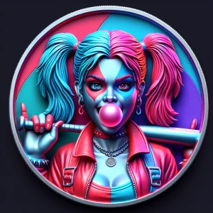 3d bas relief coin of harley quinn blowing a bubble and holding...
