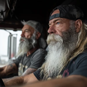 Two bodybuilders in a Peter Build Truck in the cab. One man has...