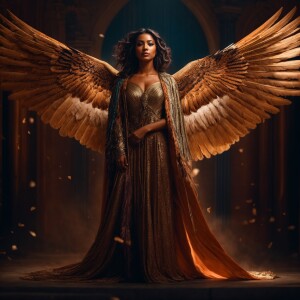 Create an image of a Falcon Goddess adorned with a cloak of falc...