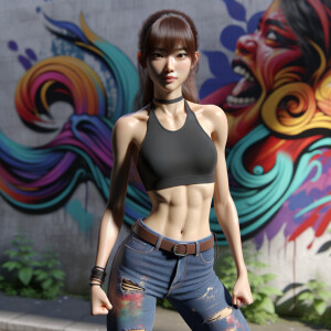 Athletic Thin skinny Attractive, Asian teenage girl, long brown hair and bangs, wearing tight skinny jeans and a halter top paint marks on her clothing, heroic pose Asian graffiti background