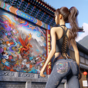 Athletic Thin skinny Attractive, Asian teenage girl, long brown hair and bangs, wearing tight skinny jeans and a halter top paint marks on her clothing, heroic pose Asian graffiti background, backside view