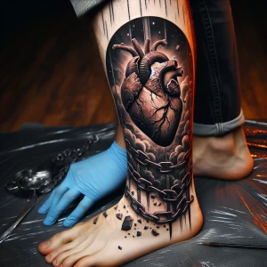 Tattoo art on the leg of a heart wrapped in chains and behind ba...