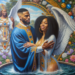 An oil painting depicting a light-skinned African-American pasto...