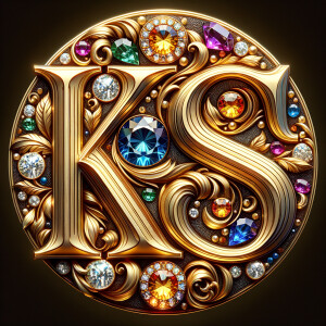 Create a 3-D realistic image with the letters  K.S. in gold raised letters , Add diamonds and colorful jewels