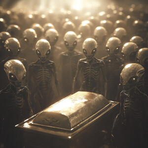 : A crowd of giant Aliens staring down at a casket in a burial i...