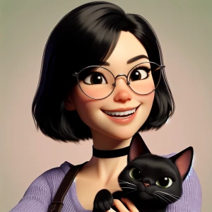 A smiling young witch with sleek black hair, wearing cat-eye gla...