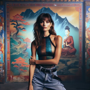 Athletic Thin skinny Attractive, Asian teenage girl, long brown hair and bangs, wearing tight skinny jeans and a halter top paint marks on her clothing, heroic pose Asian graffiti background, side view