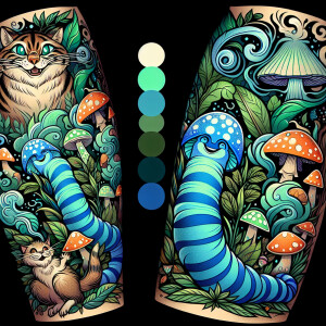 Design a full-sleeve tattoo for the left arm, inspired by "Alice...