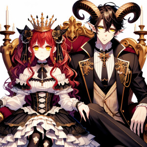 A girl with elegant gothic lolita dress sit beside handsome Lucifer, the girl has red wavy hair and golden eyes, thrones