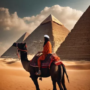 A mysterious queen riding past the great pyramids on a camel, go...