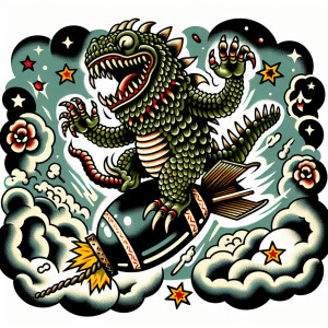 Wwii monster straddling on a bomb crashing toward earth in an ol...