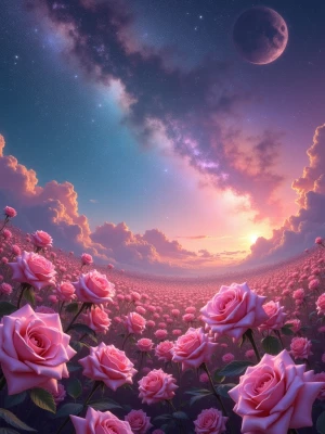 "Pastel roses scattered across the expansive cosmos, infused wit...