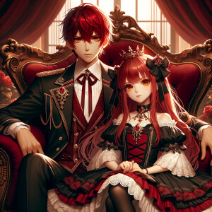 Lilith as a girl with elegant gothic lolita dress sit on the lap of handsome lucifer, the girl has red hair and golden eyes, thrones, red elegant luxury background