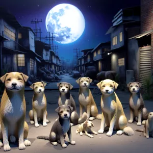 Touching group of stray dogs with full moon