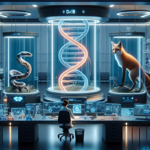 Design a futuristic laboratory scene in a realistic 3D-rendered...