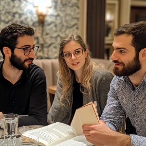 Image of 3 guys and 1 girl at a conference in a 5 star banquet w...